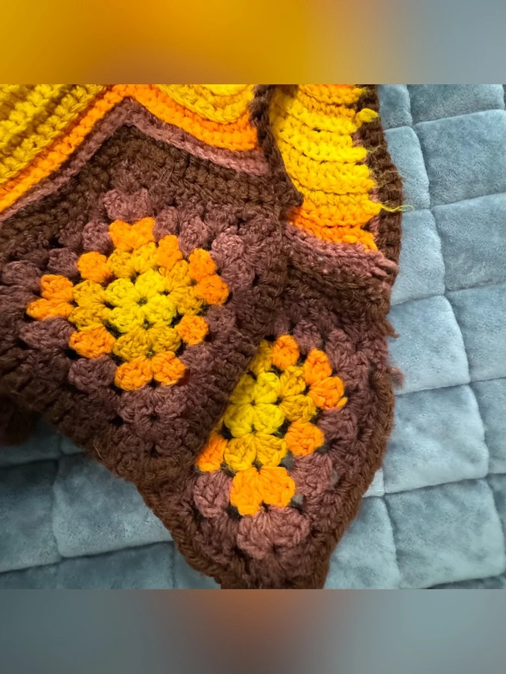 VTG 70s Throw Handmade Crochet Chevron Granny Square Yellow Brown Orange 52